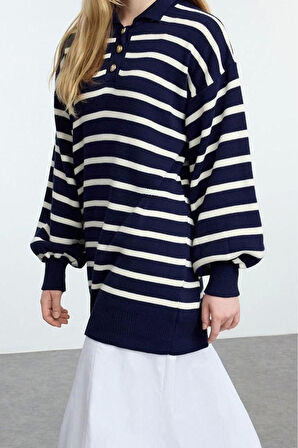 Kadın Tesettür Moda Şık Regular Polo Yaka Uzun Kol Çizgili Balon Kollu Polo Yaka Triko Kazak