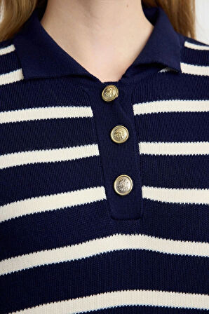 Kadın Tesettür Moda Şık Regular Polo Yaka Uzun Kol Çizgili Balon Kollu Polo Yaka Triko Kazak