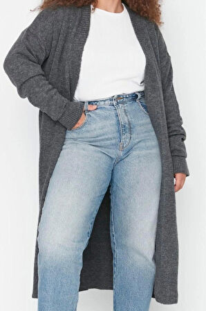 Kadın Büyük Beden Moda Şık Uzun V Yaka Uzun Kol Düz Oversize Triko Hırka