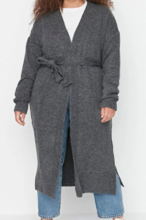 Kadın Büyük Beden Moda Şık Uzun V Yaka Uzun Kol Düz Oversize Triko Hırka