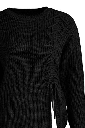 Kadın Büyük Beden Moda Şık Uzun Bisiklet Yaka Uzun Kol Düz Bağlama Detaylı Triko Kazak