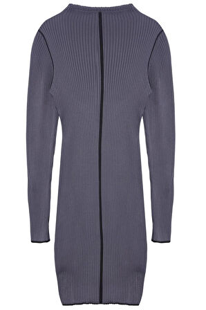 Kadın Moda Şık Mini Boy Dik Yaka Slim Kahverengi Triko Konstrat Renkli Elbise