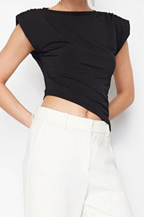 Kadın Moda Şık Üst Giyim Regular Kayık Yaka Fitted Kalıp Örme Asimetrik Vatkalı Bluz