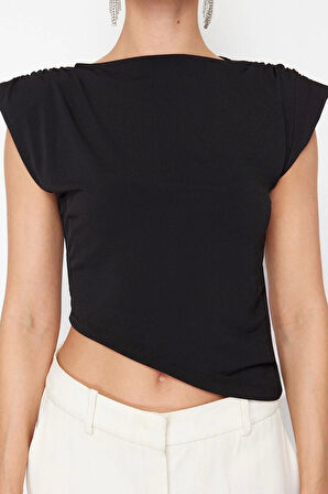 Kadın Moda Şık Üst Giyim Regular Kayık Yaka Fitted Kalıp Örme Asimetrik Vatkalı Bluz