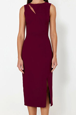 Kadın Moda Şık Midi Boy Bisiklet Yaka Fitted Pencere Cut Out Detaylı Dokuma Elbise