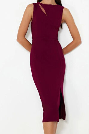 Kadın Moda Şık Midi Boy Bisiklet Yaka Fitted Pencere Cut Out Detaylı Dokuma Elbise