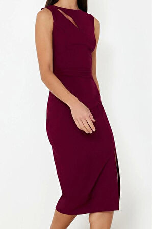 Kadın Moda Şık Midi Boy Bisiklet Yaka Fitted Pencere Cut Out Detaylı Dokuma Elbise