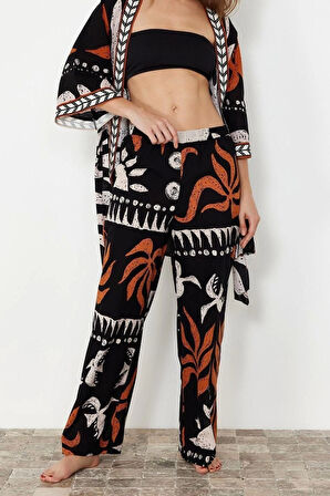 Kadın Yeni Moda Boru Paça Uzun Boy Dokuma Soyut Desenli %100 Pamuklu Pantolon