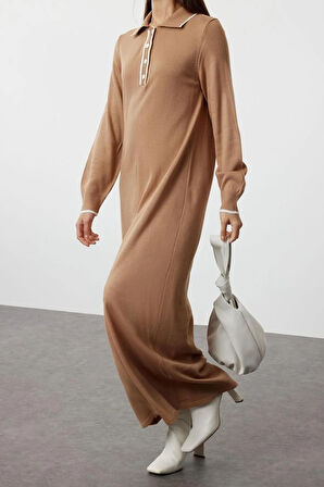 Yeni Rahat Casual Günlük Tek Plaka Triko Bisiklet Yaka Uzun Kol Shift Maxi Boy Tesettür Elbise