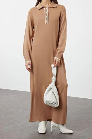 Yeni Rahat Casual Günlük Tek Plaka Triko Bisiklet Yaka Uzun Kol Shift Maxi Boy Tesettür Elbise