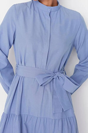 Yeni Rahat Casual Günlük Terrycotton Dokuma Dik Yaka Uzun Kol Basic Maxi Boy Tesettür Elbise