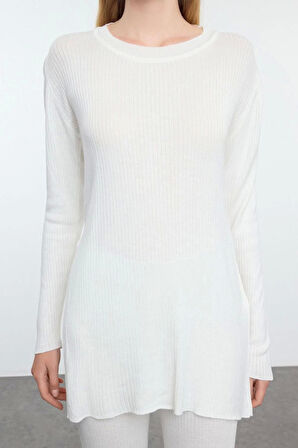 Kadın Moda Şık Regular Uzun Boy Uzun Kollu Yırtmaç Detaylı Triko Alt-Üst Takım