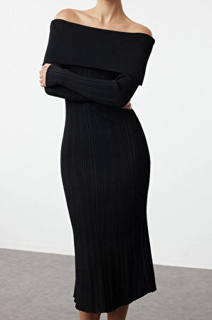 Kadın Moda Şık Midi Boy Carmen Yaka Regular Triko Basic Elbise