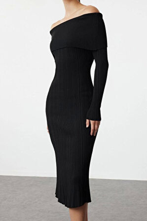 Kadın Moda Şık Midi Boy Carmen Yaka Regular Triko Basic Elbise