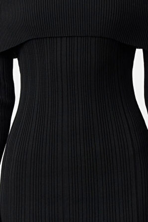 Kadın Moda Şık Midi Boy Carmen Yaka Regular Triko Basic Elbise