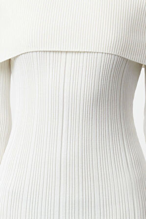 Kadın Moda Şık Midi Boy Carmen Yaka Regular Triko Basic Elbise