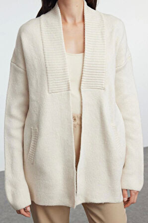 Kadın Moda Şık Midi Şal Yaka Oversize Geniş Kalıp Yumuşak Dokulu Triko Hırka