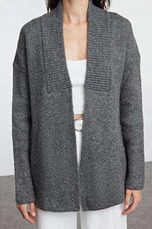 Kadın Moda Şık Midi Şal Yaka Oversize Geniş Kalıp Yumuşak Dokulu Triko Hırka