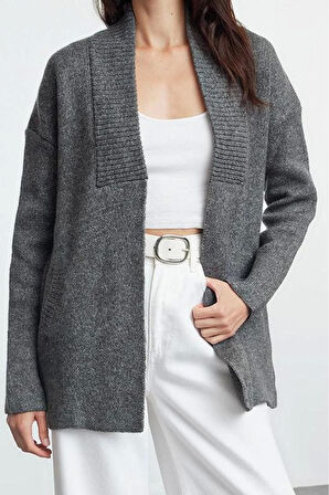 Kadın Moda Şık Midi Şal Yaka Oversize Geniş Kalıp Yumuşak Dokulu Triko Hırka