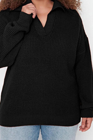 Kadın Büyük Beden Moda Şık Regular Polo Yaka Uzun Kol Düz Gömlek Yaka Selanik Örgü Triko Kazak