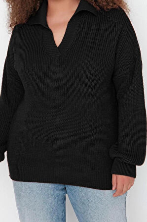 Kadın Büyük Beden Moda Şık Regular Polo Yaka Uzun Kol Düz Gömlek Yaka Selanik Örgü Triko Kazak