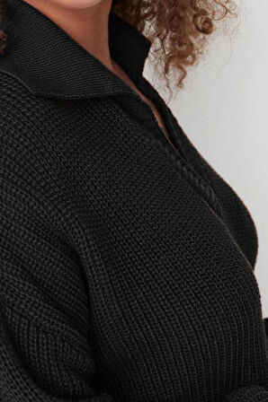 Kadın Büyük Beden Moda Şık Regular Polo Yaka Uzun Kol Düz Gömlek Yaka Selanik Örgü Triko Kazak