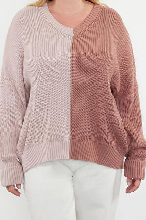 Kadın Büyük Beden Moda Şık Regular V Yaka Uzun Kol Renk Bloklu Triko Kazak