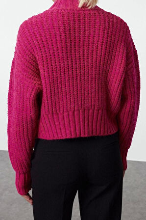 Kadın Moda Şık Dik Yaka Standart Kol Crop Yumuşak Dokulu Basic Kalın Örgü Detaylı Triko Kazak