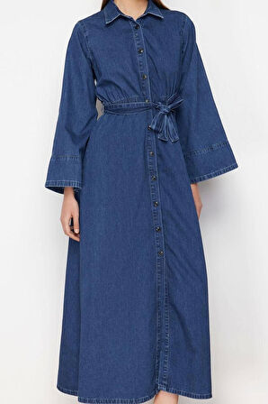 Kadın Moda Şık Maxi Boy Gömlek Yaka Regular Modest Gömlek Denim Elbise