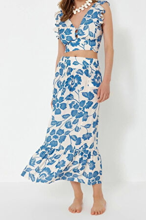 Kadın Moda Şık Geniş Paça Uzun Boy Uzun Kollu Çiçek Desenli Dokuma Volanlı Bluz Etek Takım