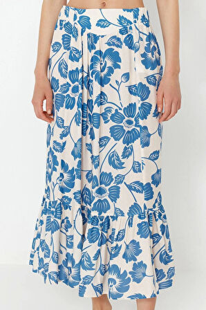 Kadın Moda Şık Geniş Paça Uzun Boy Uzun Kollu Çiçek Desenli Dokuma Volanlı Bluz Etek Takım