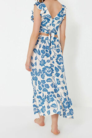 Kadın Moda Şık Geniş Paça Uzun Boy Uzun Kollu Çiçek Desenli Dokuma Volanlı Bluz Etek Takım