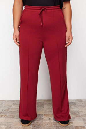 Kadın Yeni Moda Büyük Beden Geniş Paça Regular Boy Örme Nervür Detaylı Örme Pantolon