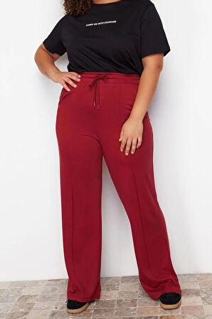 Kadın Yeni Moda Büyük Beden Geniş Paça Regular Boy Örme Nervür Detaylı Örme Pantolon
