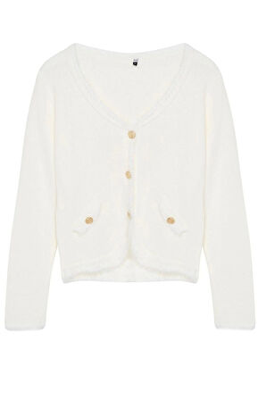 Kadın Moda Şık Regular V Yaka Regular Tüylü Triko Hırka