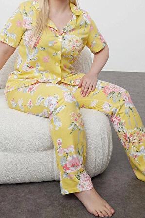 Büyük Beden Kadın %100 Pamuk Gömlek Yaka Kısa Kol Çiçek Desenli Gömlek Yaka Örme Pijama Takımı