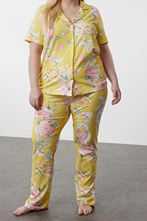 Büyük Beden Kadın %100 Pamuk Gömlek Yaka Kısa Kol Çiçek Desenli Gömlek Yaka Örme Pijama Takımı