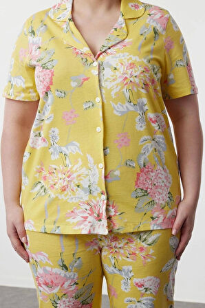 Büyük Beden Kadın %100 Pamuk Gömlek Yaka Kısa Kol Çiçek Desenli Gömlek Yaka Örme Pijama Takımı