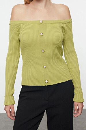 Kadın Moda Şık Kayık Yaka Standart Kol Regular Carmen Yaka Triko Hırka