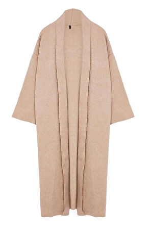 Kadın Moda Şık Maxi Şal Yaka Regular Yumuşak Dokulu Kalın Basic Kaban Görünümlü Triko Hırka