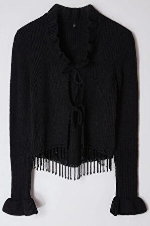Kadın Moda Şık Crop Polo Yaka Regular Crop Yumuşak Dokulu Taş İşlemeli Triko Hırka