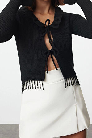 Kadın Moda Şık Crop Polo Yaka Regular Crop Yumuşak Dokulu Taş İşlemeli Triko Hırka