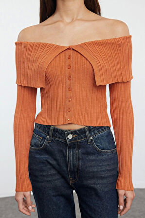 Kadın Moda Şık Crop Carmen Yaka Slim Crop Premium İplik Triko Hırka