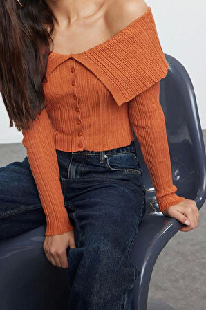 Kadın Moda Şık Crop Carmen Yaka Slim Crop Premium İplik Triko Hırka