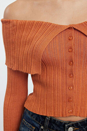 Kadın Moda Şık Crop Carmen Yaka Slim Crop Premium İplik Triko Hırka