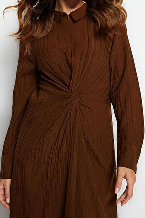 Yeni Regular Casual Günlük Crinkle Dokuma Gömlek Yaka Uzun Kol Shift Maxi Boy Tesettür Elbise