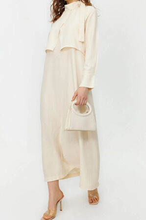 Yeni Regular Günlük Terryviskon Dokuma Boyundan Bağlamalı Uzun Kol A-Line Maxi Boy Tesettür Elbise