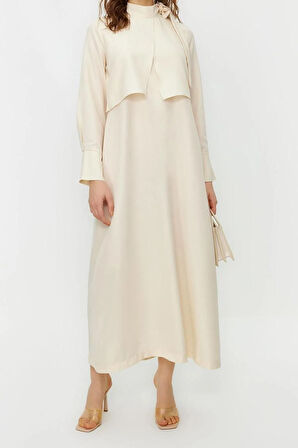 Yeni Regular Günlük Terryviskon Dokuma Boyundan Bağlamalı Uzun Kol A-Line Maxi Boy Tesettür Elbise