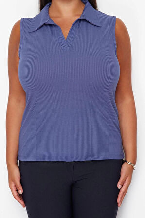 Kadın Moda Şık Büyük Beden Regular Polo Yaka Fitted Kalıp Örme Vücuda Oturan Esnek Bluz