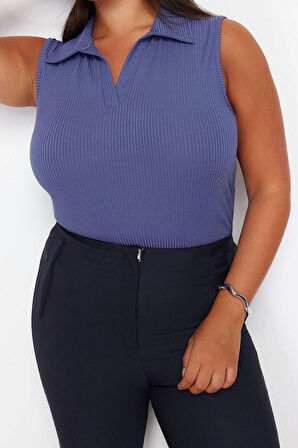 Kadın Moda Şık Büyük Beden Regular Polo Yaka Fitted Kalıp Örme Vücuda Oturan Esnek Bluz
